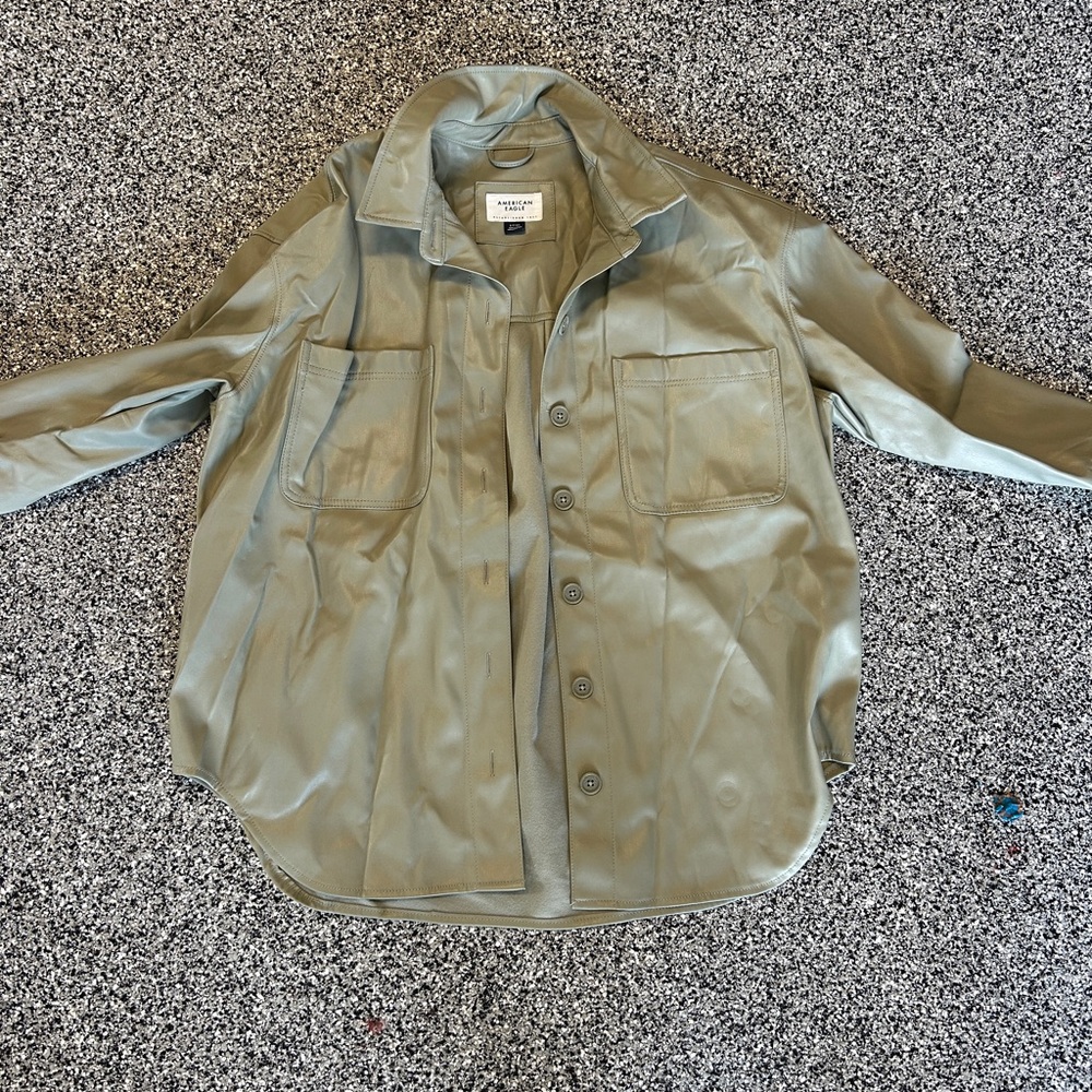 American Eagle leather button up. LIKE NEW. Small. Light green